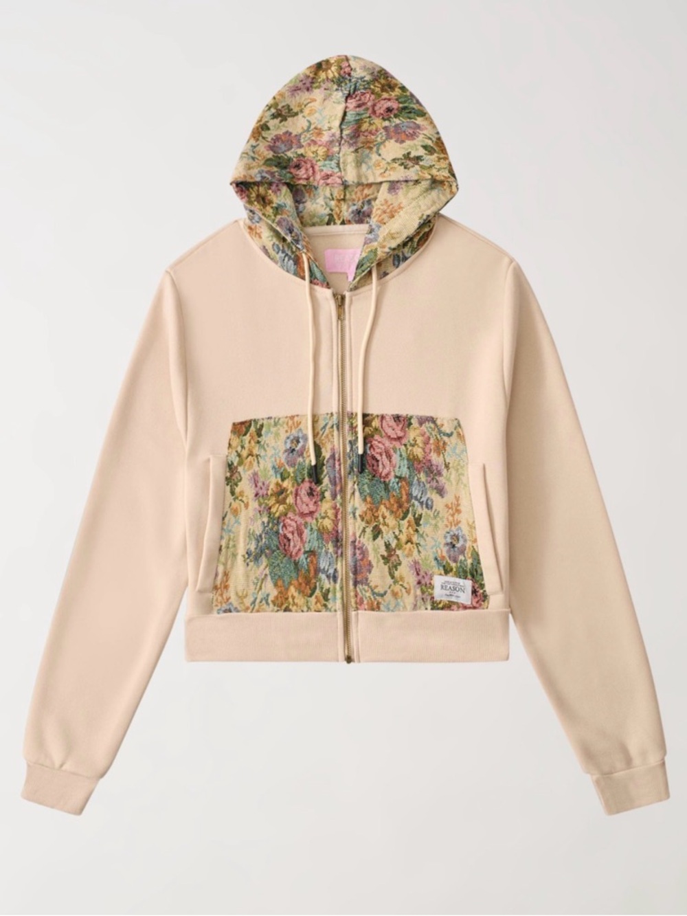 Reason Floral Panel Zip Hoodie in Beige and Multicolor